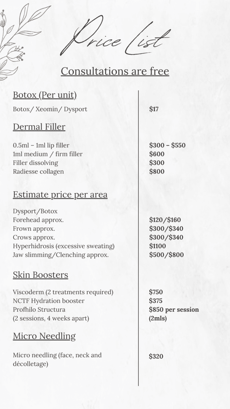 price list of services offered by nue aesthetics